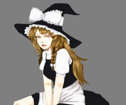 Rule 34 | 1girl, absurdres, apron, bow, braid, grey background, hat, highres, kirisame marisa, long hair, marsen, puffy sleeves, short sleeves, sitting, solo, touhou, very long hair, waist apron, witch hat