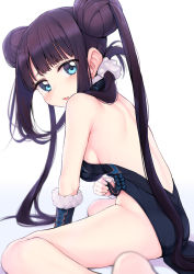 Rule 34 | 1girl, backless dress, backless outfit, bare back, bare shoulders, black dress, blue eyes, blunt bangs, blush, breasts, china dress, chinese clothes, cleavage, detached sleeves, double bun, dress, fate/grand order, fate (series), hair bun, hair ornament, highres, long hair, looking at viewer, looking back, medium breasts, open mouth, purple hair, short dress, sideboob, sidelocks, simple background, sitting, smile, solo, suga hideo, thighs, twintails, very long hair, wariza, white background, yang guifei (fate), yang guifei (first ascension) (fate)