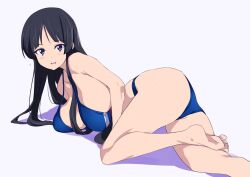 Rule 34 | 1girl, aged up, akiyama mio, ass, barefoot, bikini, black eyes, black hair, blue bikini, blush, breasts, coveredcore, feet, foot out of frame, highres, hime cut, k-on!, large breasts, legs, long hair, looking at viewer, lying, on side, open mouth, shiny skin, soles, solo, swimsuit, toes, white background
