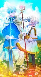 Rule 34 | 1boy, 1girl, absurdres, ahdqkd 112, blue eyes, blue hair, blue shirt, brooch, cape, capelet, cloud, day, earrings, eye contact, flower, frieren, gold trim, green eyes, highres, himmel (sousou no frieren), holding, holding staff, instagram username, jewelry, long sleeves, looking at another, mole, mole under eye, outdoors, pantyhose, planted, planted sword, planted weapon, shirt, skirt, smile, sousou no frieren, staff, standing, striped clothes, striped shirt, sword, twitter username, weapon, white capelet, white hair, white skirt