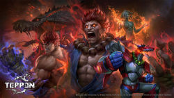 Rule 34 | 1girl, 3boys, akuma (street fighter), alexia ashford, aura, capcom, company connection, copyright name, copyright notice, crossover, dark background, deviljho, dougi, evil ryu, fangs, fire, glowing, glowing eyes, glowing hand, headband, highres, jeremy chong, magma dragoon (mega man), mega man (series), mega man x4, mega man x (series), monster, monster hunter (series), multiple boys, official art, open mouth, red eyes, red hair, resident evil, resident evil - code: veronica, ryu (street fighter), scar, street fighter, teppen, thick eyebrows, topless male