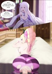 Rule 34 | 1boy, 2girls, absurdres, alternate breast size, animated, ass, back, backboob, beatrice (re:zero), bed, blonde hair, blush, bouncing ass, breasts, cedric (gear art), crown, cum, cum in pussy, doggystyle, drill hair, ejaculation, elf, emilia (re:zero), english text, from behind, heart, hetero, highres, huge ass, indoors, interior, live2d, long hair, looking at viewer, looking back, lying, medium breasts, mini crown, moaning, motion lines, multiple girls, nakron60, natsuki subaru, on bed, on stomach, open mouth, panels, penis, pointy ears, pov, purple eyes, re:zero kara hajimeru isekai seikatsu, sex, sex from behind, sidelocks, silver hair, spoken heart, stealth sex, striped legwear, sweat, symbol-shaped pupils, third-party edit, torn clothes, torn legwear, twin drills, uncensored, veins, veiny penis, video