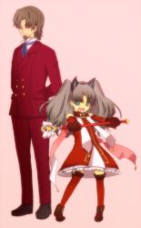 Rule 34 | 1boy, 1girl, age difference, animal ears, bad id, bad pixiv id, bloom, blue eyes, brown hair, cat ears, child, elbow gloves, facial hair, fate/hollow ataraxia, fate/zero, fate (series), father and daughter, formal, gloves, goatee, kaleido ruby, long hair, magical girl, maroyakamaromaro, simple background, suit, thighhighs, time paradox, tohsaka rin, tohsaka tokiomi, toosaka rin, twintails, wand