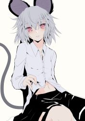 Rule 34 | 1girl, adapted costume, alternate costume, animal ears, blush, clothes lift, grey hair, highres, ishikkoro, long sleeves, looking at viewer, midriff, mouse ears, mouse tail, navel, nazrin, parted lips, red eyes, shirt, shirt lift, short hair, simple background, sitting, skirt, solo, tail, touhou, vest, white background