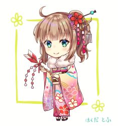 Rule 34 | 1girl, ahoge, arrow (projectile), black footwear, blush, brown hair, brown kimono, character request, chibi, closed mouth, commentary request, floral print, flower, fur collar, gradient kimono, green eyes, hair flower, hair ornament, hakuda tofu, hamaya, high ponytail, highres, holding, holding arrow, iriam, japanese clothes, kimono, long sleeves, looking at viewer, new year, obi, pink kimono, ponytail, print kimono, purple flower, red flower, sandals, sash, signature, smile, solo, virtual youtuber, white legwear, wide sleeves, zouri
