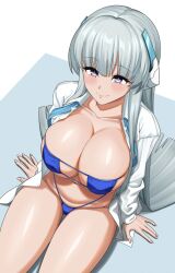Rule 34 | 1girl, arm support, bare shoulders, bikini, blue archive, blue bikini, blue eyes, blunt bangs, blush, breasts, cleavage, closed mouth, collarbone, eyepatch bikini, grey hair, hair ornament, halterneck, highres, jacket, large breasts, long hair, long sleeves, looking at viewer, medium breasts, navel, noa (blue archive), off shoulder, open clothes, open shirt, p-tree, purple eyes, shiny skin, shirt, sidelocks, simple background, sitting, smile, solo, stomach, string bikini, swimsuit, thighs, very long hair, white background, white shirt