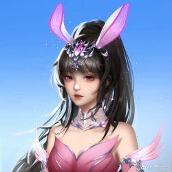 Rule 34 | 1girl, animal ears, bare shoulders, black hair, blue sky, closed mouth, collar, detached collar, detached sleeves, douluo dalu, dress, hair ornament, long hair, metal collar, pink dress, ponytail, rabbit ears, shi si jia a, sky, solo, sparkle, upper body, xiao wu (douluo dalu)