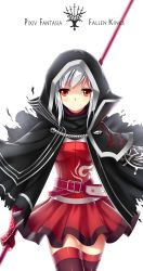 Rule 34 | &gt;:(, 1girl, absurdres, akabane, cape, copyright name, dress, frown, highres, holding, hood, looking at viewer, orange eyes, original, pixiv fantasia, pixiv fantasia fallen kings, red dress, silver hair, simple background, smile, solo, staff, thighhighs, v-shaped eyebrows, white background, zettai ryouiki