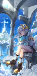 Rule 34 | 1girl, absurdres, amane kanata, angel wings, armband, black skirt, blue bow, blue bowtie, blue hair, blue nails, blue sky, blush, boots, bow, bowtie, closed mouth, colored inner hair, crossed legs, day, feathered wings, frilled skirt, frills, full body, grey hair, grey jacket, halo, head rest, highres, hololive, jacket, long sleeves, looking at viewer, mini wings, miniskirt, multicolored hair, nanaomi (ryniix), outdoors, puffy long sleeves, puffy sleeves, purple eyes, sailor collar, short hair, sitting, skirt, sky, smile, socks, solo, star halo, sunlight, virtual youtuber, white sailor collar, white wings, wide sleeves, wings