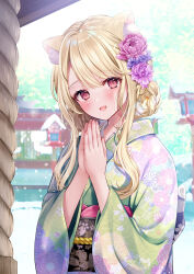Rule 34 | 1girl, animal ears, blonde hair, blush, braid, building, cat ears, day, floral print, flower, green kimono, hair flower, hair ornament, hair over shoulder, highres, japanese clothes, kimono, long sleeves, looking at viewer, new year, open mouth, original, outdoors, own hands together, pink flower, praying, print kimono, purple flower, red eyes, sidelocks, smile, snowing, solo, swept bangs, torii, upper body, winter, yugirlpict