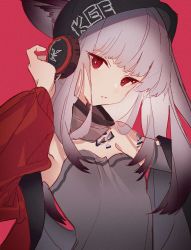 Rule 34 | 1girl, arknights, awa iro, beanie, black hat, breasts, clothes writing, detached sleeves, ears through headwear, frostleaf (arknights), grey hair, grey scarf, grey shirt, hat, headphones, jacket, long hair, looking at viewer, material growth, off-shoulder shirt, off shoulder, open clothes, open jacket, oripathy lesion (arknights), red background, red eyes, red jacket, scarf, shirt, simple background, small breasts, solo, upper body