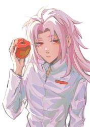 Rule 34 | 1boy, absurdres, apple, closed mouth, commentary, food, fruit, hand up, hatsutori hajime, highres, holding, holding food, holding fruit, liningne, long hair, long sleeves, male focus, parted bangs, pink hair, red eyes, saibou shinkyoku, shirt, simple background, solo, symbol-only commentary, upper body, white background, white shirt