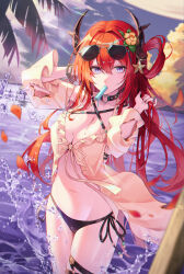 Rule 34 | 1girl, arknights, arms up, bikini, black bikini, blurry, breasts, burnt clothes, cleavage, cowboy shot, criss-cross halter, demon girl, demon horns, depth of field, eyewear on head, fall (aki), falling petals, food, food in mouth, hair intakes, hair ornament, hair rings, halterneck, highres, horns, large breasts, long hair, looking at viewer, navel, ocean, official alternate costume, outdoors, petals, popsicle, popsicle in mouth, purple eyes, red hair, red petals, side-tie bikini bottom, slit pupils, solo, star (symbol), star hair ornament, sunglasses, surtr (arknights), surtr (colorful wonderland) (arknights), swimsuit, swimsuit cover-up, thigh strap, thighs, torn clothes, torn sleeves, water