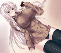 Rule 34 | 1girl, black panties, black thighhighs, breasts, cameltoe, chocolate, circussion, covered erect nipples, elf, female focus, glasses, huge breasts, nipples, no bra, original, panties, pointy ears, red eyes, see-through, silver hair, simple background, solo, sweater, thighhighs, thighs, underwear, valentine