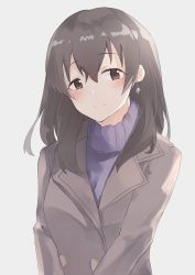 Rule 34 | 1girl, blush, brown coat, brown eyes, brown hair, check commentary, close-up, closed mouth, coat, commentary, commentary request, earrings, fujiwara hajime, head tilt, highres, idolmaster, idolmaster cinderella girls, jewelry, looking at viewer, medium hair, ochanoda, purple sweater, smile, solo, sweater, upper body