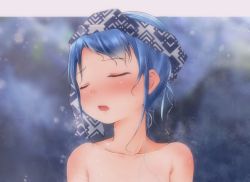 Rule 34 | 1girl, blush, closed eyes, collarbone, commentary request, hair up, kantai collection, mae (maesanpicture), nude, open mouth, samidare (kancolle), sidelocks, solo, steam, swept bangs, towel, towel on head, upper body, wet, wet hair