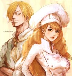 Rule 34 | 1boy, 1girl, artist name, black eyes, blonde hair, brown eyes, brown hair, charlotte pudding, chef, chef hat, cigarette, commentary request, earrings, eyelashes, facial hair, happy, hat, highres, jewelry, long hair, one piece, sanji (one piece), short hair, smile, smoking, standing, torapunch, twitter username