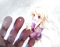 Rule 34 | 1girl, achiba, heracles (fate), fate/stay night, fate (series), holding hands, illyasviel von einzbern, long hair, red eyes, size difference, snow, snowing, solo focus, white hair