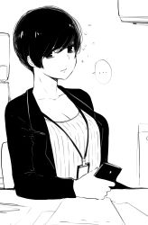 Rule 34 | ..., 1girl, absurdres, air conditioner, black hair, breasts, cellphone, cleavage, collarbone, commentary, desk, greyscale, highres, holding, holding phone, id card, indoors, jacket, lanyard, large breasts, long sleeves, looking at viewer, monochrome, name tag, norman maggot, office lady, olive laurentia, original, phone, pixie cut, ribbed shirt, shirt, short hair, sitting, sleepy, smartphone, solo, spoken ellipsis, table, upper body