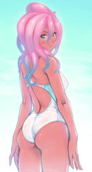 Rule 34 | 1girl, ass, back, bare shoulders, blush, bubuzuke, competition swimsuit, from behind, green eyes, looking at viewer, looking back, monster girl, octopus, one-piece swimsuit, original, skindentation, solo, standing, swimsuit, tan, tentacle hair