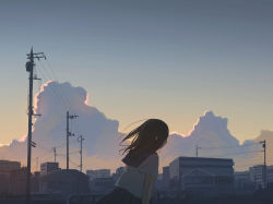 Rule 34 | 1girl, bad id, bad pixiv id, brown hair, building, cityscape, cloud, day, from side, hanno, house, long hair, original, outdoors, power lines, railing, scenery, school uniform, serafuku, sky, solo, sunrise, town, twilight, utility pole, wind