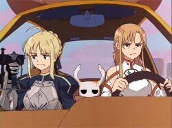 Rule 34 | 1other, 2girls, :i, :t, :|, ahoge, armor, armored dress, artoria pendragon (all), artoria pendragon (fate), asuna (sao), blonde hair, blood, blood stain, bloody weapon, blue ribbon, braid, breastplate, brown eyes, brown hair, car, closed mouth, commentary, crossover, driving, empty eyes, english commentary, fate/stay night, fate (series), frown, gauntlets, green eyes, hair ribbon, highres, holding, holding sword, holding weapon, hollow knight, jitome, knight (hollow knight), knights of blood uniform (sao), kurisuu101, long hair, long sleeves, looking to the side, motor vehicle, multiple girls, rear-view mirror, ribbon, saber (fate), sidelocks, sword, sword art online, upper body, very long hair, weapon, white armor