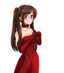 Rule 34 | 1girl, bare shoulders, blue eyes, blush, breasts, brown hair, choker, cleavage, collarbone, dress, elbow gloves, everlasting summer, glasses, gloves, huyase, large breasts, long hair, looking at viewer, red-framed eyewear, red dress, red gloves, solo, standing, strapless, strapless dress, twintails, white background