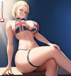 Rule 34 | 1girl, bikini, blonde hair, blue eyes, breasts, cammy white, capcom, crossed legs, feikyart, female focus, large breasts, navel, patreon username, short hair, sitting, solo, street fighter, street fighter 6, swimsuit, tagme, thick thighs, thighs, union jack
