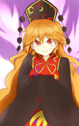 Rule 34 | 1girl, black dress, blonde hair, chinese clothes, crescent, dress, fox tail, hat, highres, junko (touhou), keyaki chimaki, long hair, long sleeves, multiple tails, sash, solo, tabard, tail, touhou, very long hair, wide sleeves, yellow eyes