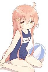 Rule 34 | 1girl, ahoge, ayanepuna, ball, bare arms, bare legs, bare shoulders, barefoot, beachball, blue one-piece swimsuit, blush, brown eyes, closed mouth, collarbone, hair between eyes, hair ornament, hairclip, highres, ii (ayanepuna), long hair, old school swimsuit, one-piece swimsuit, original, pink hair, school swimsuit, shadow, sidelocks, sitting, solo, swimsuit, very long hair, wariza, white background