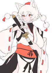 Rule 34 | 1girl, absurdres, animal ear fluff, animal ears, bare shoulders, closed mouth, hat, highres, holding, holding sheath, holding sword, holding weapon, inubashiri momiji, japanese clothes, katana, kimono, obi, pom pom (clothes), red eyes, ribbon-trimmed sleeves, ribbon trim, sash, sheath, shirt, short hair, simple background, solo, sword, tail, take (take143000), tokin hat, touhou, weapon, white background, white kimono, white shirt, white sleeves, wolf ears, wolf girl, wolf tail