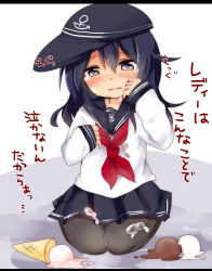 Rule 34 | 10s, 1girl, akatsuki (kancolle), anchor symbol, bad id, bad pixiv id, black hair, blue eyes, blush, crying, crying with eyes open, flat cap, food, hat, ice cream, ice cream cone, kantai collection, letterboxed, long hair, namekuji (namekuzu), neckerchief, open mouth, pantyhose, red neckerchief, school uniform, seiza, serafuku, sitting, skirt, sleeves past wrists, solo, spill, tears, translation request