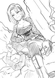 Rule 34 | 1girl, android 18, breasts, bruise, butcha-u, cleavage, crossed legs, dragon ball, dragonball z, dutch angle, earrings, greyscale, hoop earrings, injury, jewelry, large breasts, monochrome, pantyhose, parted bangs, short hair, sitting, smile, solo focus, swept bangs, torn clothes, torn legwear