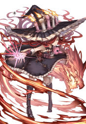 Rule 34 | 10s, 1girl, anna (granblue fantasy), black footwear, black hat, boots, breasts, candle, crystal, dragon, dress, fire, floating hair, frills, from above, full body, granblue fantasy, hair over one eye, hat, highres, holding, holding stuffed toy, leaning forward, legs apart, long hair, looking at viewer, magic, one eye covered, outstretched arm, red eyes, red hair, revision, simple background, sleeveless, sleeveless dress, small breasts, solo, standing, stuffed animal, stuffed cat, stuffed toy, tenyo0819, very long hair, white background, witch, witch hat, wristband