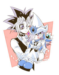 1boy 1girl black_choker black_vest blue_footwear blush choker dated duel_monster gloves grey_hair hair_over_one_eye hat holding holding_staff long_hair multicolored_hair muto_yugi one_eye_closed papumon purple_eyes shirt silent_magician silent_magician_lv4 staff star_(symbol) vest white_gloves white_hat white_shirt wizard_hat yu-gi-oh!