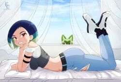 Rule 34 | 1girl, ass, bare shoulders, bed, belt, black belt, blue hair, bob cut, breasts, brown eyes, cat, creatures (company), denim, emixxart, from side, full body, game freak, grey shirt, grey sports bra, jeans, large breasts, legs up, loose hair strand, lying, midriff, nintendo, on bed, on stomach, pants, perrin (pokemon), pokemon, pokemon (creature), pokemon sv, ribbed shirt, shirt, sideboob, sky, sleeveless, sleeveless shirt, sports bra, sprigatito, the pose, undershirt, wide hips, window