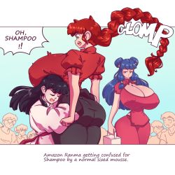 Rule 34 | 1boy, 2girls, alternate body size, alternate height, ass, black hair, blue hair, braid, braided ponytail, breasts, chinese clothes, cleavage, covered erect nipples, crowd, curvy, gigantic breasts, height difference, hug, huge ass, huge breasts, long braid, long hair, mousse (ranma 1/2), multiple girls, n647, open mouth, pants, ranma-chan, ranma 1/2, red hair, shampoo (ranma 1/2), sidelocks, single braid, standing, surprised, taller female, very long hair, wide hips