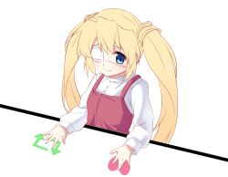 Rule 34 | 1girl, alternate costume, blonde hair, blue eyes, blush, breasts, casual, closed mouth, commentary request, eyelashes, eyepatch, hair between eyes, like and retweet, long hair, long sleeves, nakatsu shizuru, one eye covered, overalls, red overalls, rewrite, shirt, simple background, small breasts, smile, solo, tagame (tagamecat), twintails, upper body, very long hair, white background, white shirt