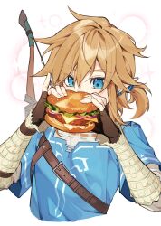 Rule 34 | 1boy, absurdres, black gloves, blue eyes, bow (weapon), burger, cropped torso, dbepd, ear piercing, eating, fingerless gloves, food, gloves, hair between eyes, highres, holding, holding food, jewelry, light brown hair, link, male focus, nintendo, piercing, pinky out, pointy ears, ponytail, simple background, solo, the legend of zelda, the legend of zelda: breath of the wild, tunic, upper body, weapon, weapon on back