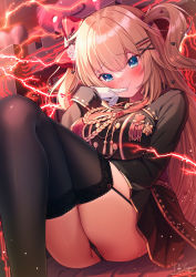 Rule 34 | 1girl, akai haato, black jacket, black panties, black skirt, black thighhighs, blonde hair, breasts, crossed legs, garter straps, gloves, haaton (akai haato), hair ornament, heart, heart hair ornament, highres, hololive, jacket, lace, lace-trimmed legwear, lace trim, large breasts, long hair, long sleeves, magowasabi, panties, partially visible vulva, signature, sitting, skirt, solo, thighhighs, twitter username, two side up, underwear, very long hair, virtual youtuber, white gloves