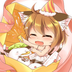 Rule 34 | 1girl, animal ears, blush, chen, chibi, child, closed eyes, deformed, dress, fang, glasses, happy birthday, hat, heart, kurumai, letter, multiple tails, open mouth, shiny skin, short hair, tail, touhou