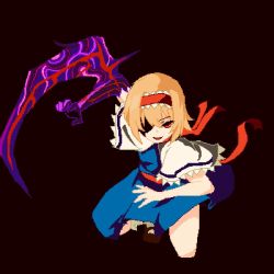 Rule 34 | 1girl, alice margatroid, blade, blonde hair, blue dress, bois de justice, brown footwear, capelet, cookie (touhou), dies irae, dress, frilled capelet, frilled hairband, frills, full body, hairband, highres, hinase (cookie), looking at viewer, one eye covered, open mouth, pixel art, red background, red eyes, red hairband, red sash, red scarf, sash, scarf, shinza bansho series, short hair, simple background, smile, socks, solo, sparseseethe, squatting, touhou, white capelet, white socks