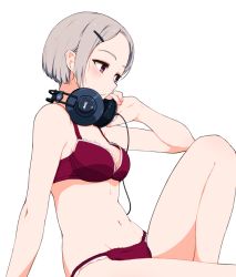 Rule 34 | 1girl, akg, akg k-series headphones, blush, bra, breasts, cable, cleavage, closed mouth, forehead, from side, grey hair, hair ornament, hairclip, hand on headphones, hand up, headphones, headphones around neck, looking to the side, medium breasts, navel, original, panties, product placement, purple bra, purple eyes, purple panties, pursed lips, short hair, sidelocks, simple background, sitting, solo, solvalou, stomach, thighs, underwear, underwear only, white background