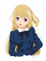 Rule 34 | 1girl, 22/7, blonde hair, blue jacket, dated, fujima sakura, hair ornament, highres, jacket, long hair, long sleeves, looking at viewer, one side up, pizza man, purple eyes, school uniform, shirt, simple background, smile, solo, upper body, white background, white shirt
