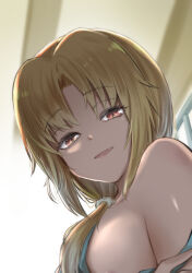 Rule 34 | akatsuki uni, ankoku kishi m, areola slip, bare shoulders, blonde hair, breasts, ceiling, collarbone, fang, from below, hair ornament, hair over shoulder, hair scrunchie, half-closed eyes, highres, long hair, looking at viewer, looking down, low-tied long hair, open mouth, out-of-frame censoring, parted bangs, red eyes, scrunchie, sideboob, small breasts, straight hair, strap slip, uni create, upper body, vampire, virtual youtuber, white scrunchie