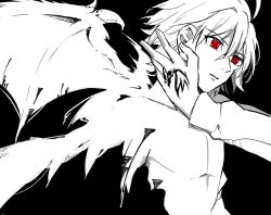 Rule 34 | 1boy, ahoge, black background, command spell, dragon wings, fate/apocrypha, fate (series), greyscale, male focus, monochrome, multiple monochrome, red eyes, short hair, sieg (fate), solo, solo focus, sooru0720, wings