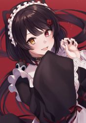 Rule 34 | 1girl, animal ears, apron, black collar, black hair, black kimono, brown eyes, collar, commentary request, dog ears, dog hair ornament, flower, hair between eyes, hair flower, hair ornament, hands up, heterochromia, highres, inui toko, japanese clothes, kimono, kurousagi yuu, long hair, long sleeves, looking at viewer, low twintails, maid, maid headdress, nijisanji, red background, red eyes, red flower, sleeves past fingers, sleeves past wrists, solo, twintails, upper body, very long hair, virtual youtuber, wa maid, white apron, wide sleeves