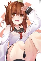 Rule 34 | 1girl, absurdres, arm up, artist name, black sailor collar, black skirt, black thighhighs, blush, breasts, brown background, brown eyes, brown hair, commentary, cup, folded ponytail, hair between eyes, hair ornament, hairclip, hibiki (zerocodo), highres, inazuma (kancolle), kantai collection, long hair, long sleeves, looking at viewer, neckerchief, object on head, open mouth, pleated skirt, red neckerchief, sailor collar, school uniform, see-through, serafuku, shirt, sitting, skirt, small breasts, solo, teacup, thighhighs, translated, two-tone background, wet, wet clothes, white background, white shirt