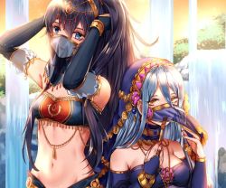 Rule 34 | 2girls, anklet, arabian clothes, armlet, azura (fire emblem), bad id, bad twitter id, blue eyes, blue hair, blush, bracelet, breasts, cape, circlet, cleavage, dancer, dress, earrings, elbow gloves, fingerless gloves, fire emblem, fire emblem awakening, fire emblem fates, fire emblem heroes, gloves, hair between eyes, hairband, harem outfit, jewelry, long hair, looking at viewer, lucina (fire emblem), midriff, mouth veil, multiple girls, navel, necklace, nintendo, see-through, smile, tiara, veil, very long hair, wani (fadgrith), yellow eyes