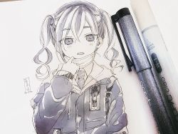 Rule 34 | 1girl, art tools in frame, collared shirt, drawstring, greyscale, hand up, highres, hood, hood down, hooded jacket, idolmaster, idolmaster cinderella girls, jacket, long hair, long sleeves, looking at viewer, mask, mole, mole under eye, monochrome, mouth mask, necktie, parted lips, photo (medium), sharp teeth, shirt, sleeves past wrists, sofra, solo, sunazuka akira, surgical mask, teeth, traditional media, twintails, upper body
